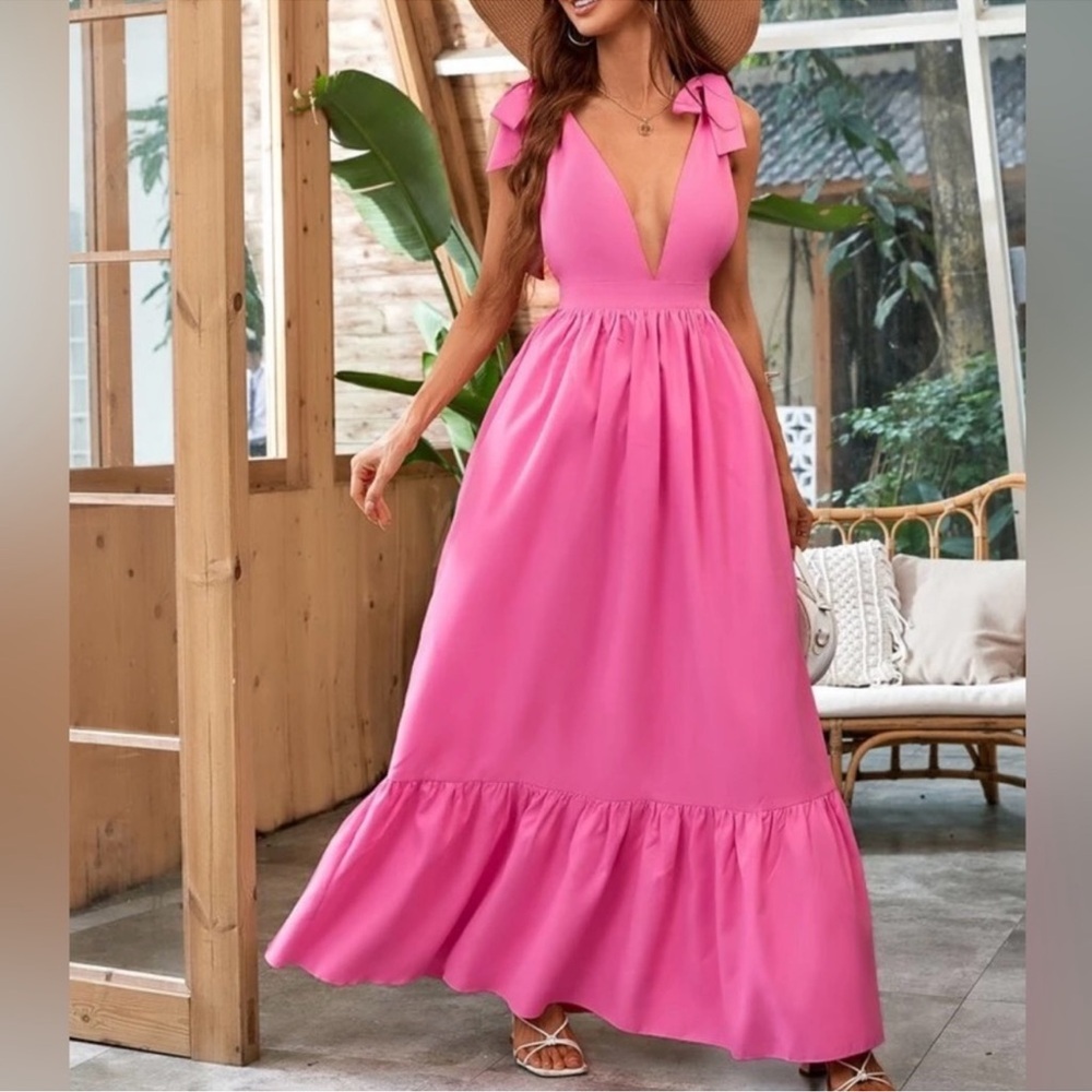 Shein Pink Bow Tie Maxi Dress‎ size Large
